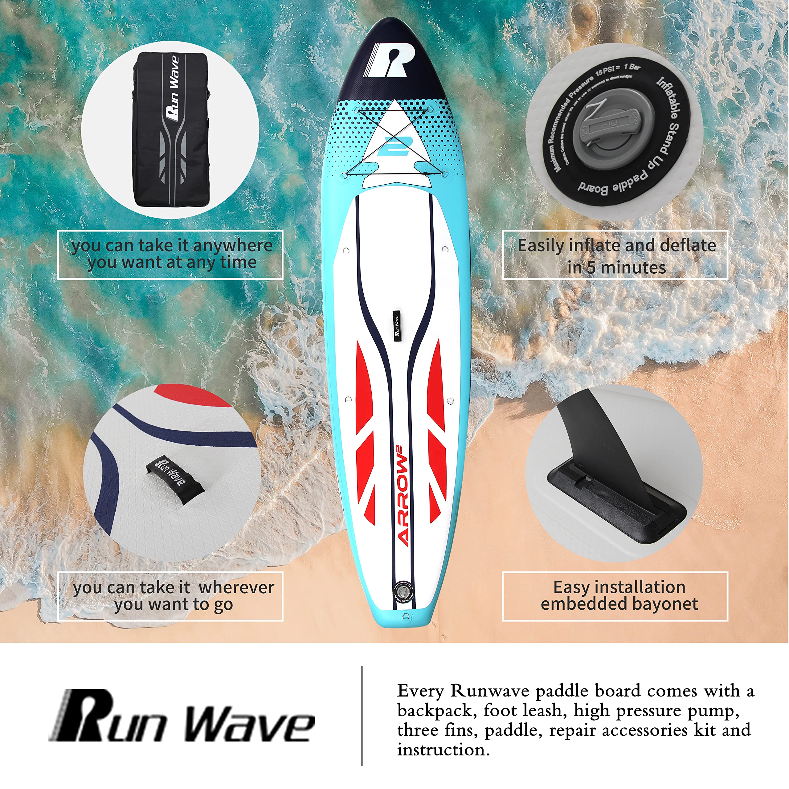 Runwave Inflatable Stand Up Paddle Board 11'×33''×6''(6'' Thick) Non-Slip Deck with Premium SUP Accessories | Wide Stance, Bottom Fins for Surfing Control | Youth Adults Beginner