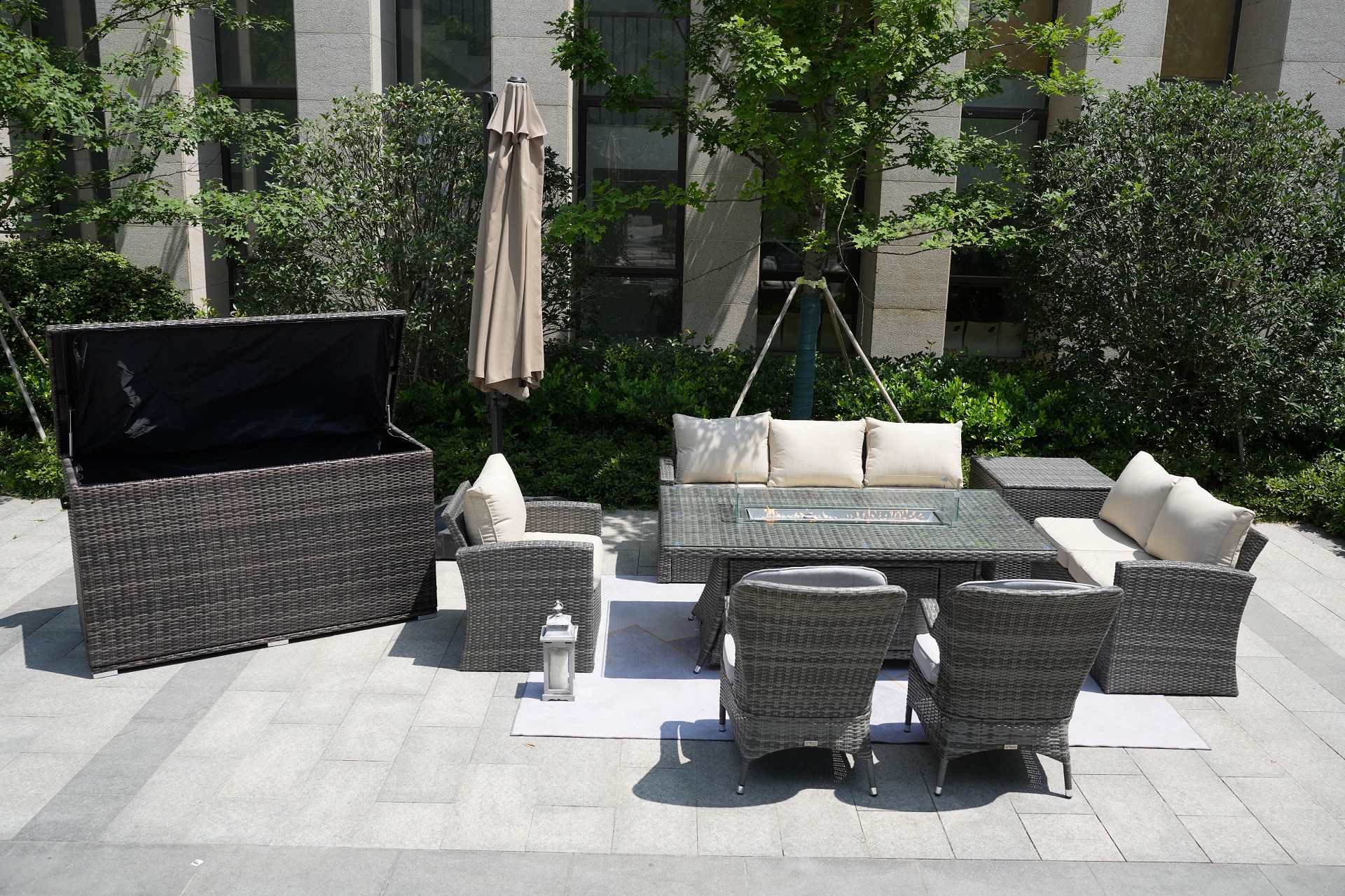 Wicker Patio Gray Wicker Conversational Seating Set with Rectangular Glass Fire Pit Table and Back Chair (Patio Set Option)