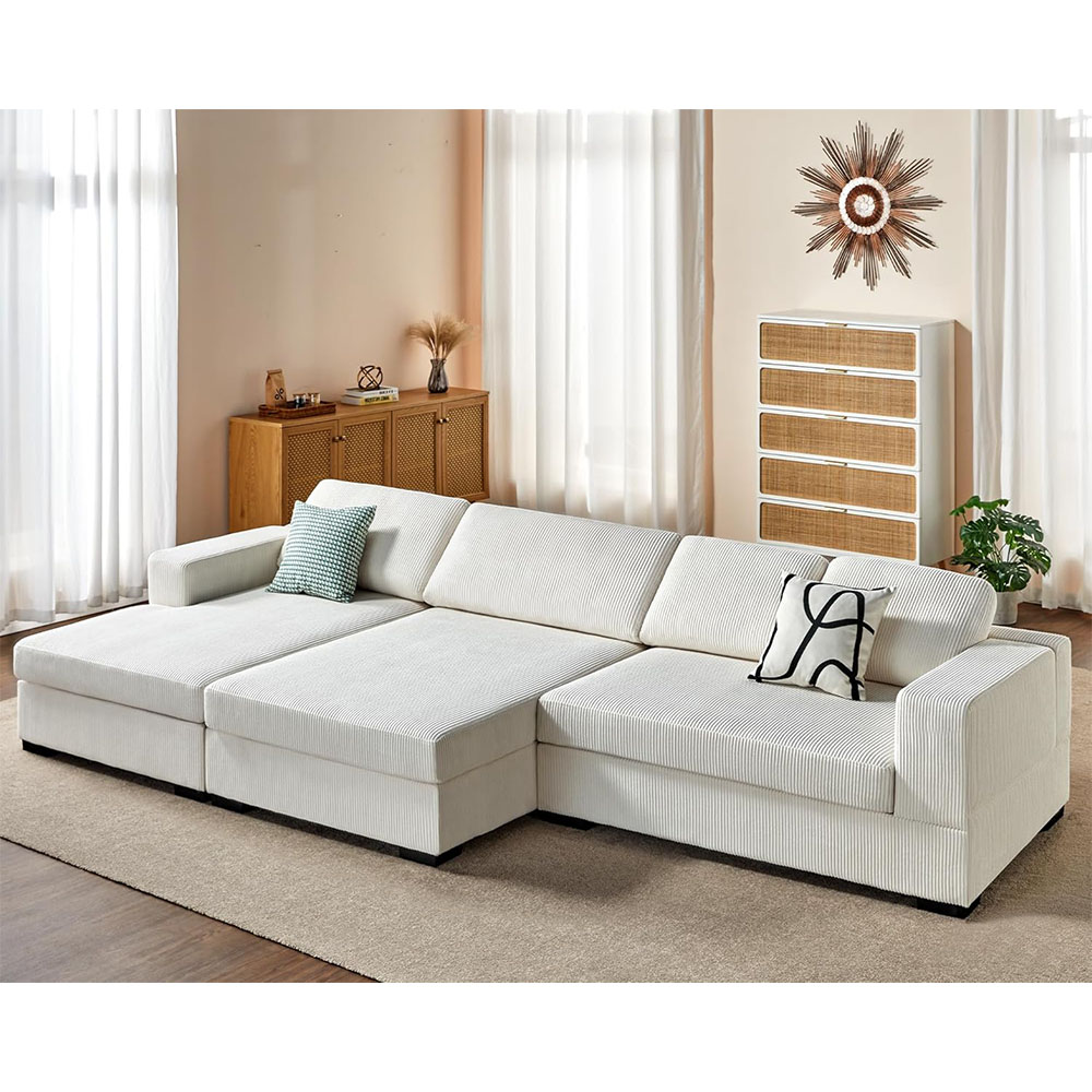 AMERLIFE Oversized Sectional Sofa, Large Double Chaise Couch, Comfy Sofa Couch with Left Chaise, White Corduroy Sofa