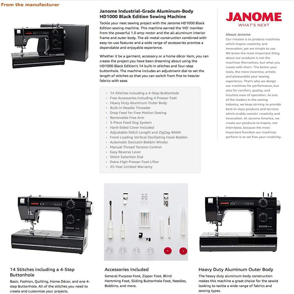 Janome HD1000BE HD1000 Black Edition All Metal Body Sewing Machine
