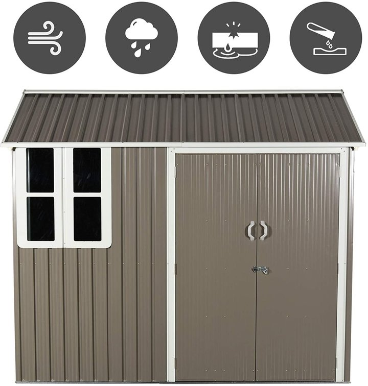 Outsunny 845-331 8 x 6 ft Corrugated Metal Shed w/Double Door Window Sloped Roof Outdoor Equipment Tool Storage Garden Grey
