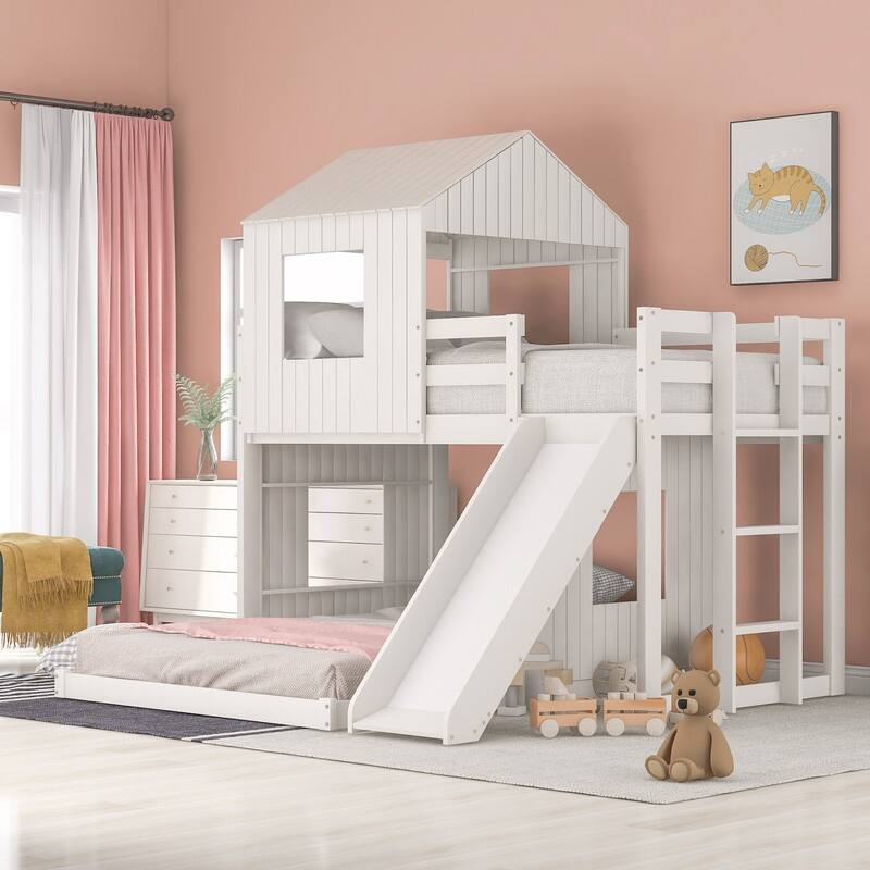 AOOLIVE Wooden Twin Over Full Bunk Bed with Playhouse,White