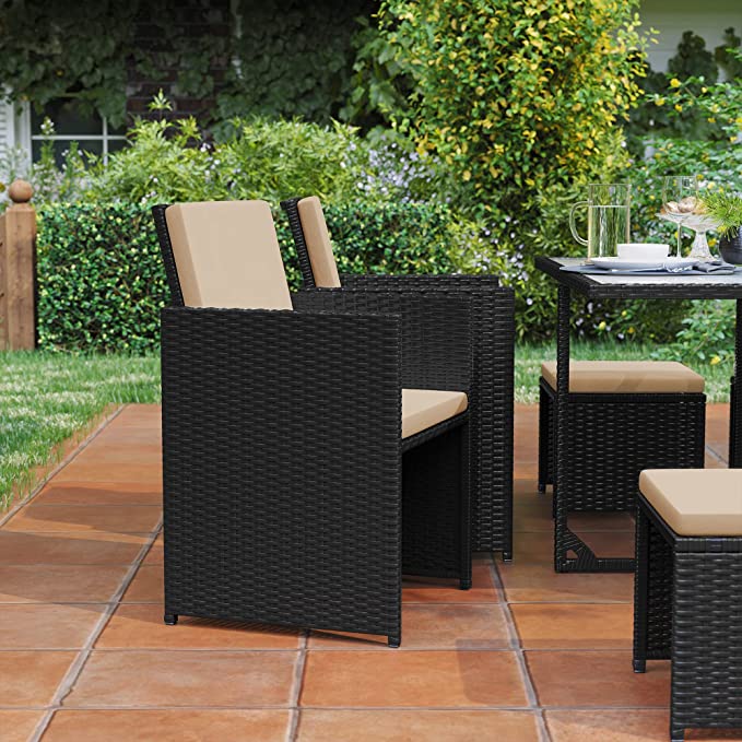 SONGMICS Garden Furniture Set Dining Table and Chairs, Set of 9 PE Rattan Outdoor Patio Furniture, Dining Furniture, Glass Top Coffee Table, with Cushions, Space-Saving, Black and Beige GGF091B02