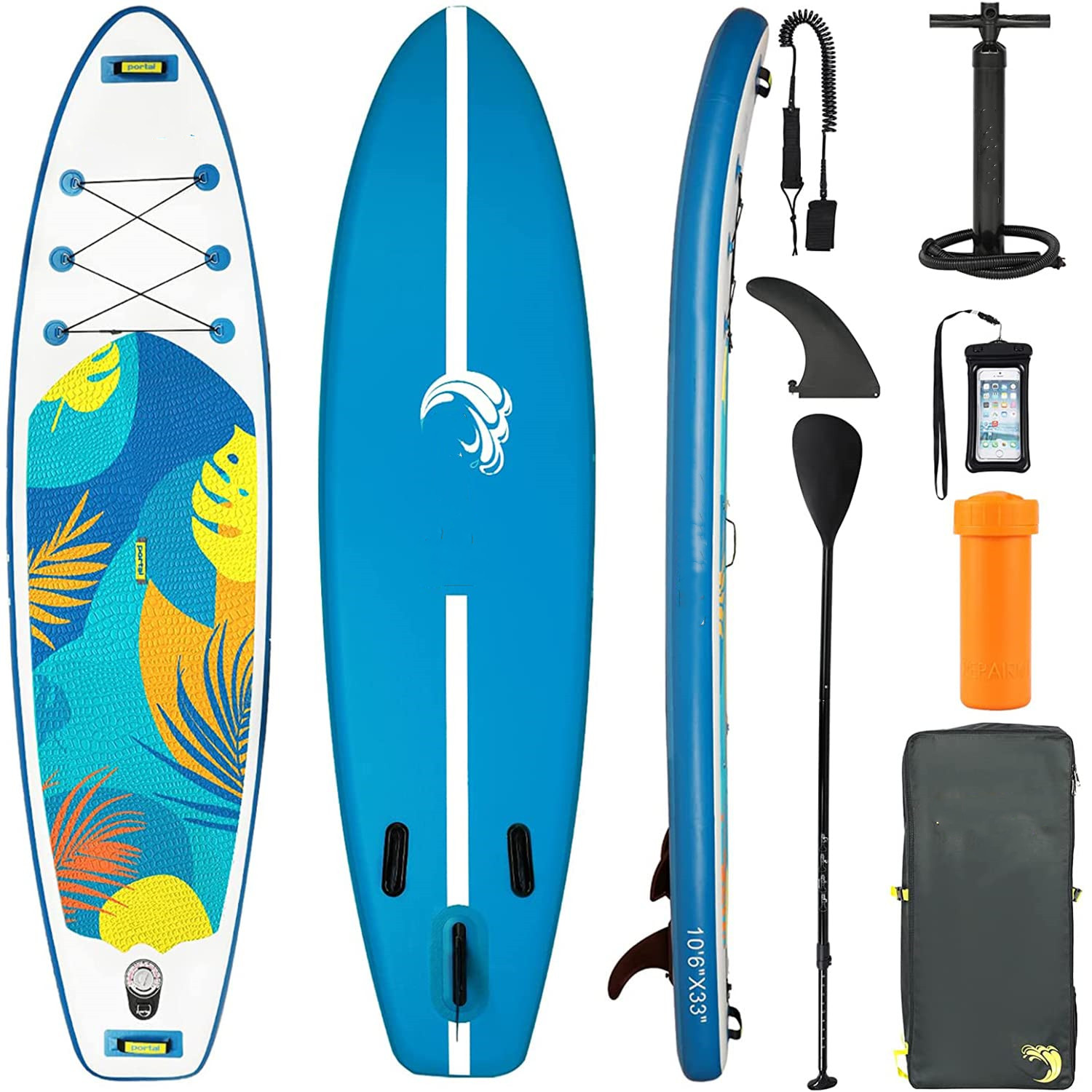 Portal Stand Up Paddle Board, 10'6x33 x6 Inflatable Paddle Boards with SUP Accessories Including Carry Bag, Hand Pump, Paddle, Leash, Fin, Repair Kit, Waterproof Phone Case