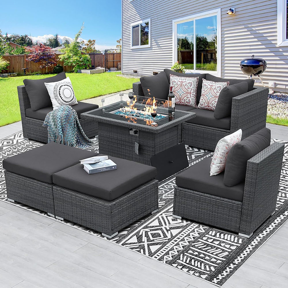 BULEXYARD Grey PE Wicker Patio Furniture Sectional Conversation Sofa Set