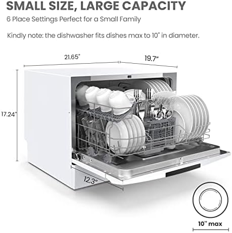 COMFEE' Portable Mini Dishwasher, Energy Star, Countertop, 6 Settings, 8 Wash Programs, Speed, Baby Care, Eco-Friendly Glass, Dormitory, RV and Apartment Dishwasher Washable, White