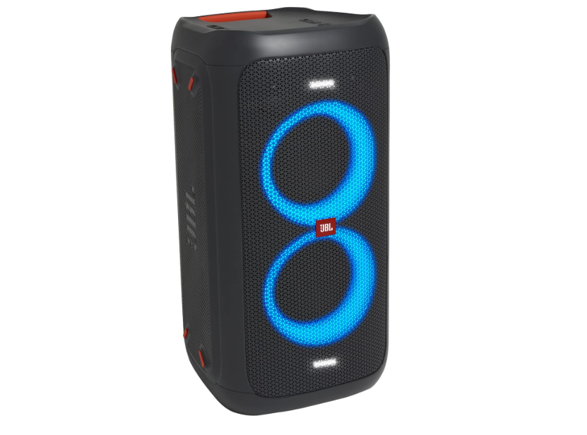 JBL PartyBox 100 Bluetooth Party Boombox Speaker, High-Power Audio System with Light Effects and Mic/Guitar Inputs, Black with Neon Multicoloured Lighting